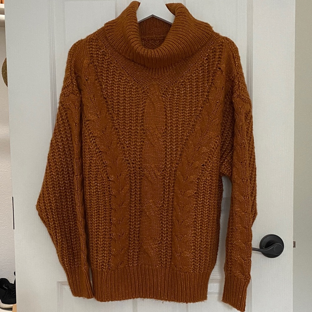 Cozy Cable Knit Turtleneck Sweater - Pumpkin Spice Orange
